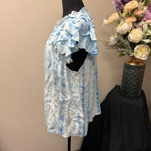 BiBi Blue Tie-Dye Ruffle Sleeve Blouse XL Boho Chic Summer Casual Top - Picture 2 of 8